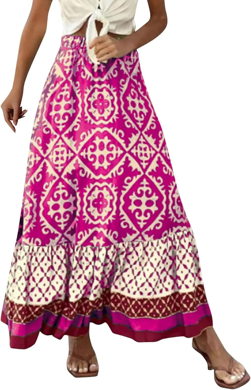 JJHAEVDY Women's 2025 Bohemian Long Skirts Elastic High Waist A Line Maxi Skirts Summer Casual Printed Pleated Flowy Skirts