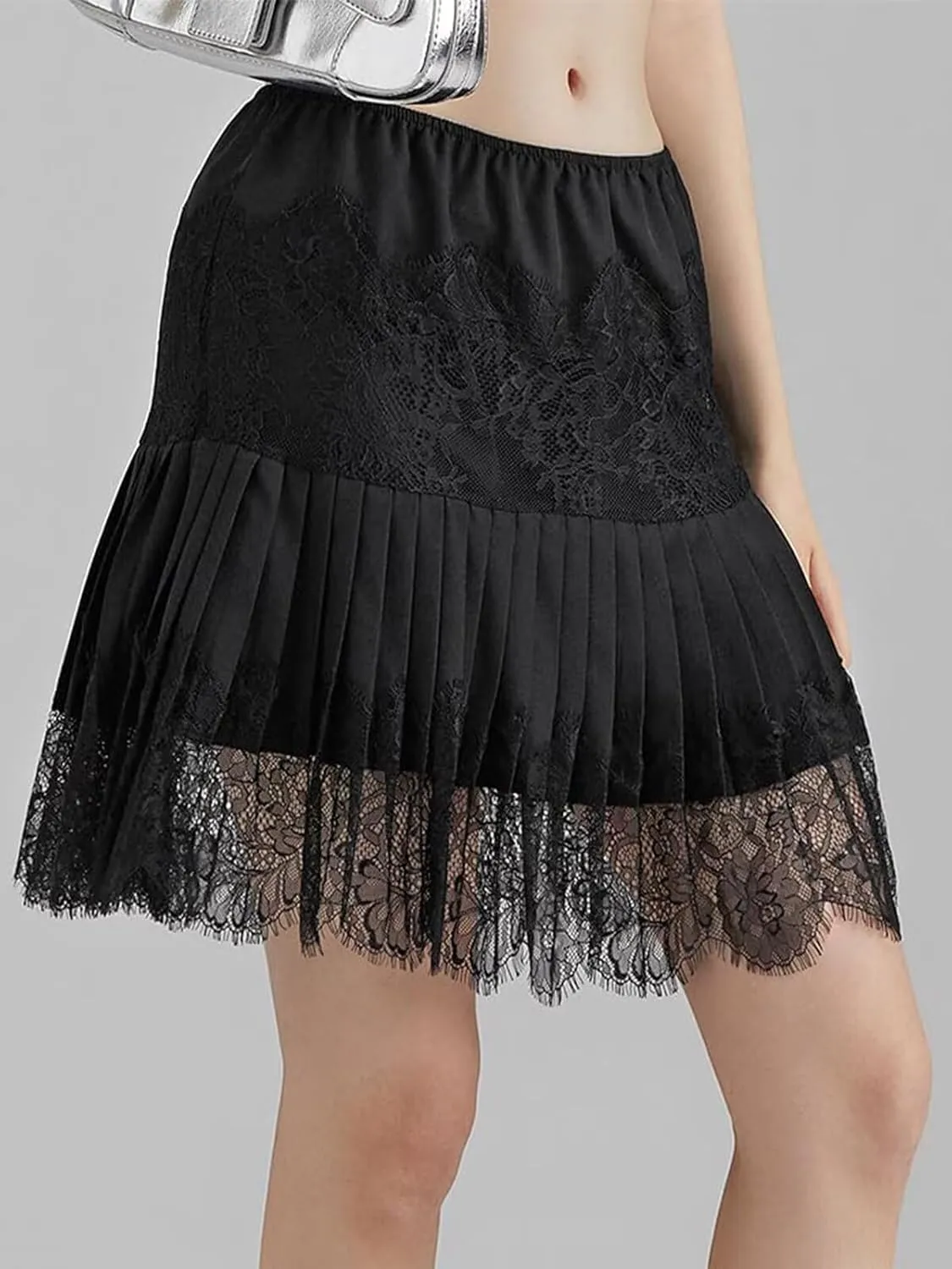JURIS Women Lace Skirt Y2k Lace Mini Skirt Elastic Waist Half Slip Pleated Ruffle Flora Underskirt Short Flowy Dress 2025