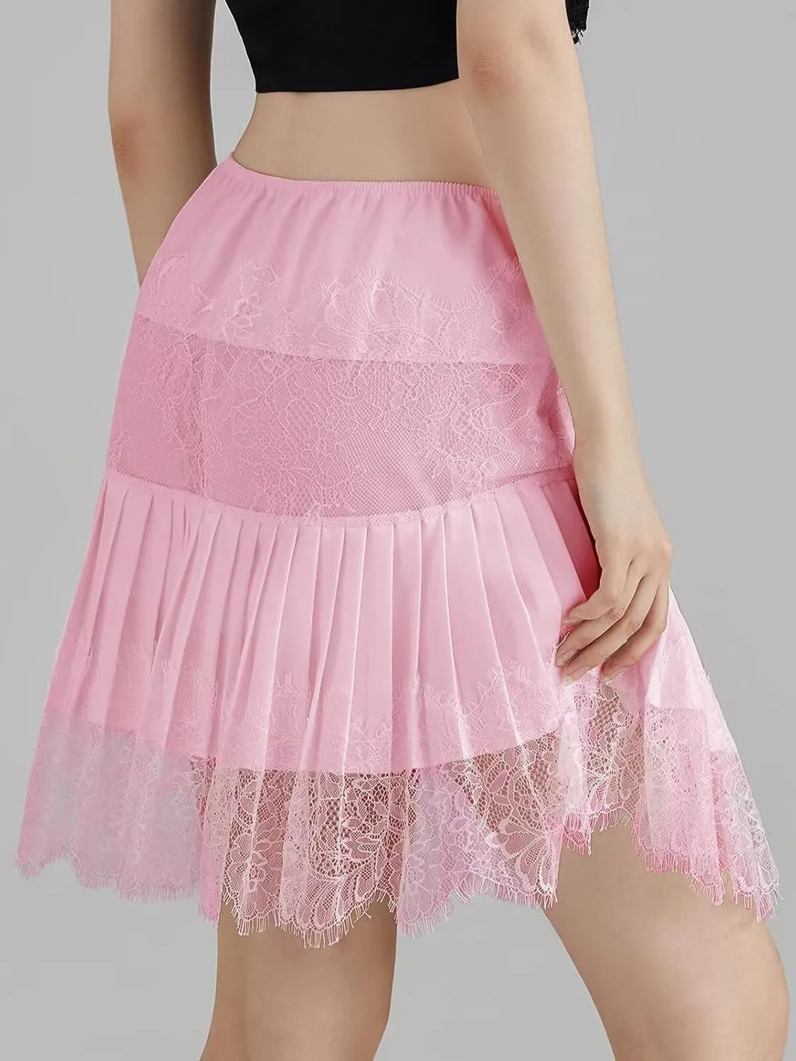 JURIS Women Lace Skirt Y2k Lace Mini Skirt Elastic Waist Half Slip Pleated Ruffle Flora Underskirt Short Flowy Dress 2025