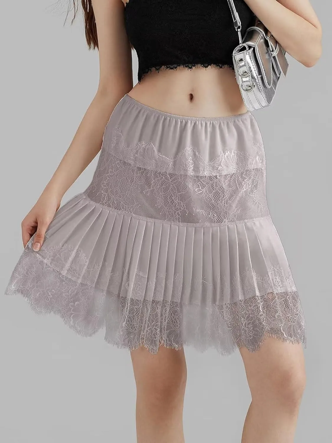 JURIS Women Lace Skirt Y2k Lace Mini Skirt Elastic Waist Half Slip Pleated Ruffle Flora Underskirt Short Flowy Dress 2025