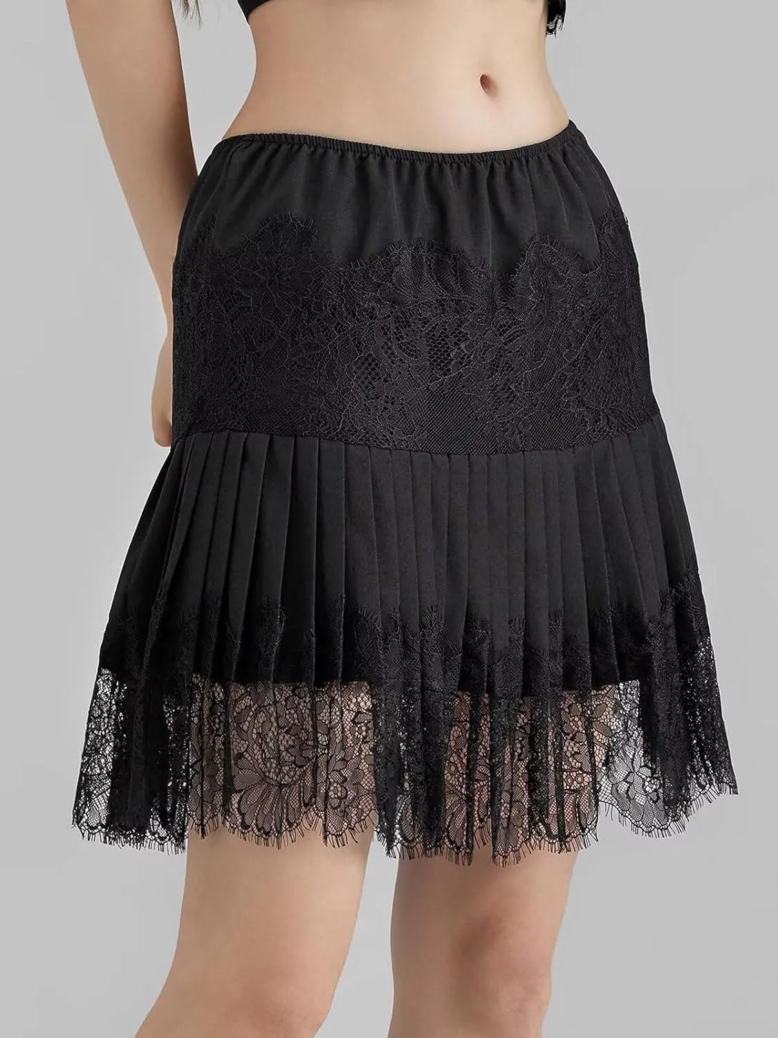JURIS Women Lace Skirt Y2k Lace Mini Skirt Elastic Waist Half Slip Pleated Ruffle Flora Underskirt Short Flowy Dress 2025