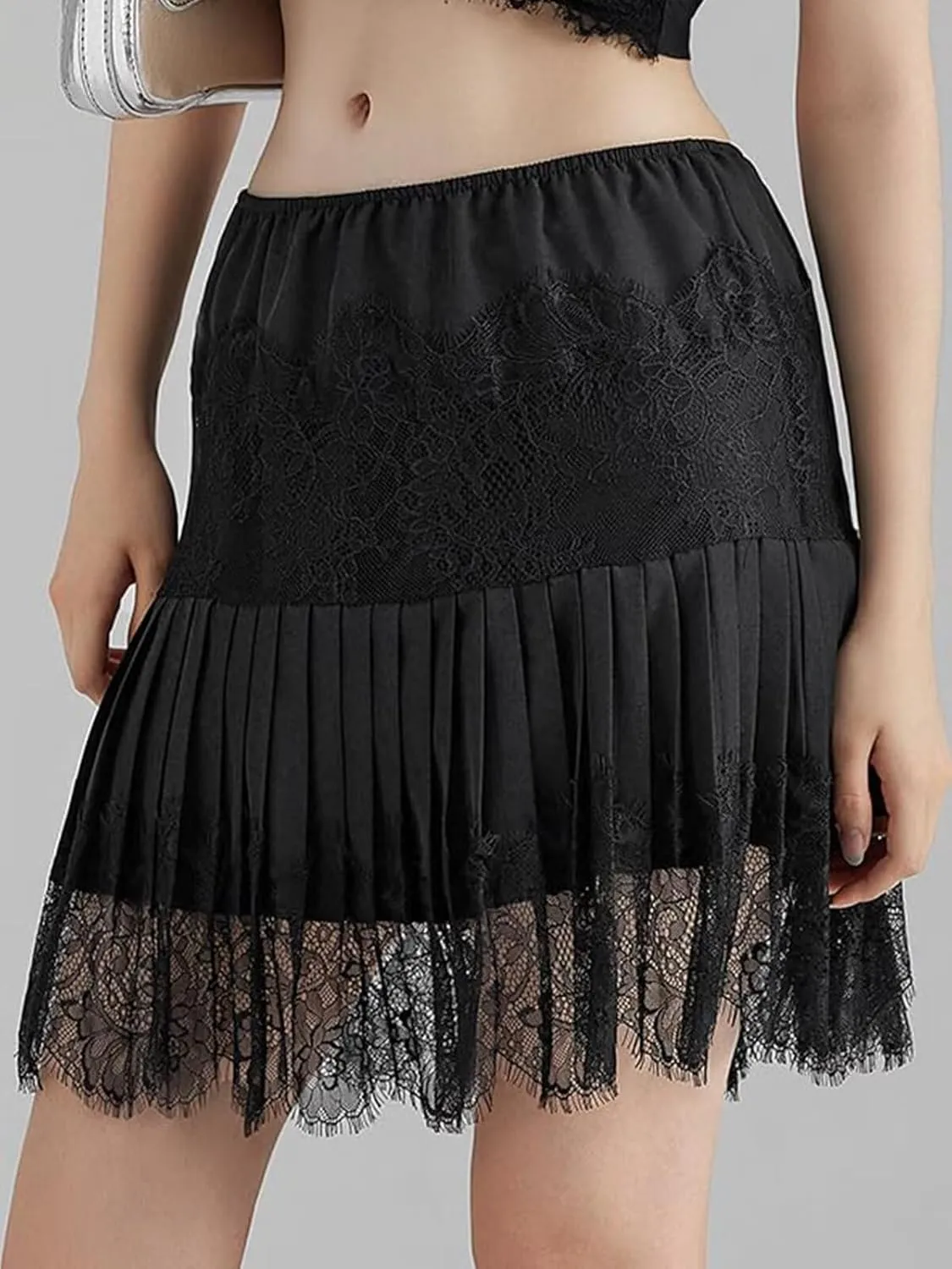 JURIS Women Lace Skirt Y2k Lace Mini Skirt Elastic Waist Half Slip Pleated Ruffle Flora Underskirt Short Flowy Dress 2025