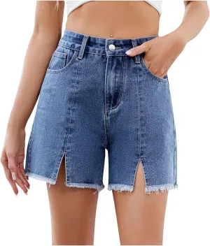 Ladies High Waisted Jean Shorts Women Stretchy Denim Casual Ripped Hem Elastic Waist Summer Jeans