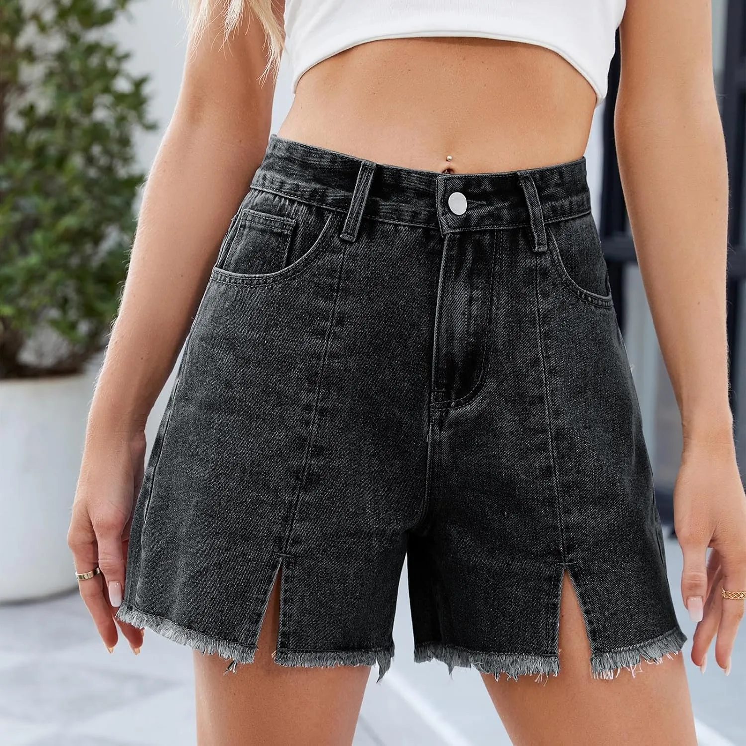 Ladies High Waisted Jean Shorts Women Stretchy Denim Casual Ripped Hem Elastic Waist Summer Jeans