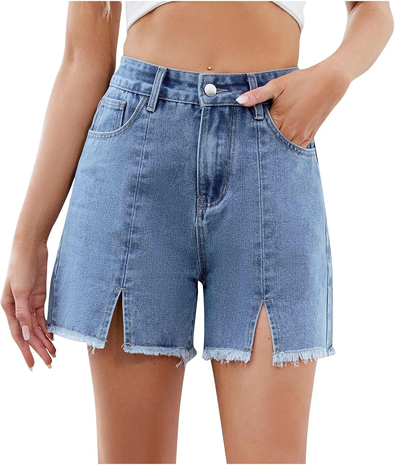 Ladies High Waisted Jean Shorts Women Stretchy Denim Casual Ripped Hem Elastic Waist Summer Jeans