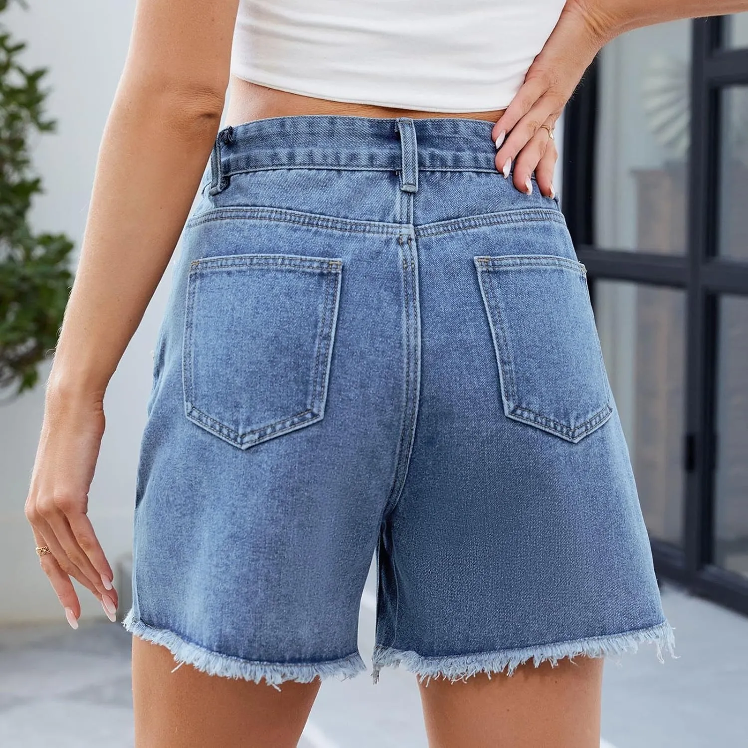 Ladies High Waisted Jean Shorts Women Stretchy Denim Casual Ripped Hem Elastic Waist Summer Jeans