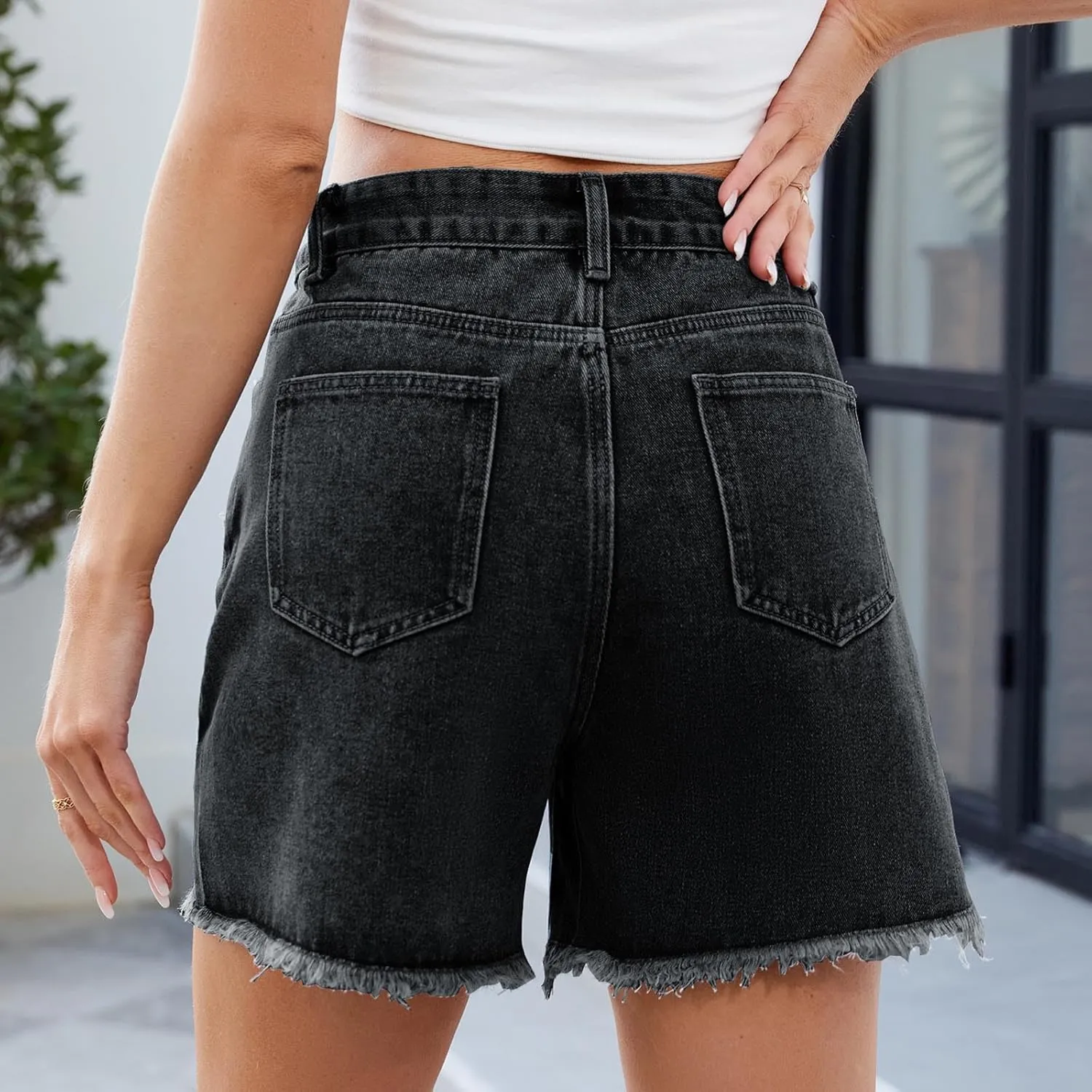 Ladies High Waisted Jean Shorts Women Stretchy Denim Casual Ripped Hem Elastic Waist Summer Jeans