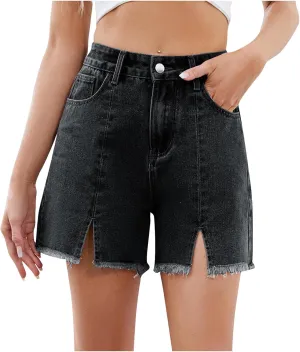 Ladies High Waisted Jean Shorts Women Stretchy Denim Casual Ripped Hem Elastic Waist Summer Jeans