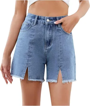 Ladies High Waisted Jean Shorts Women Stretchy Denim Casual Ripped Hem Elastic Waist Summer Jeans