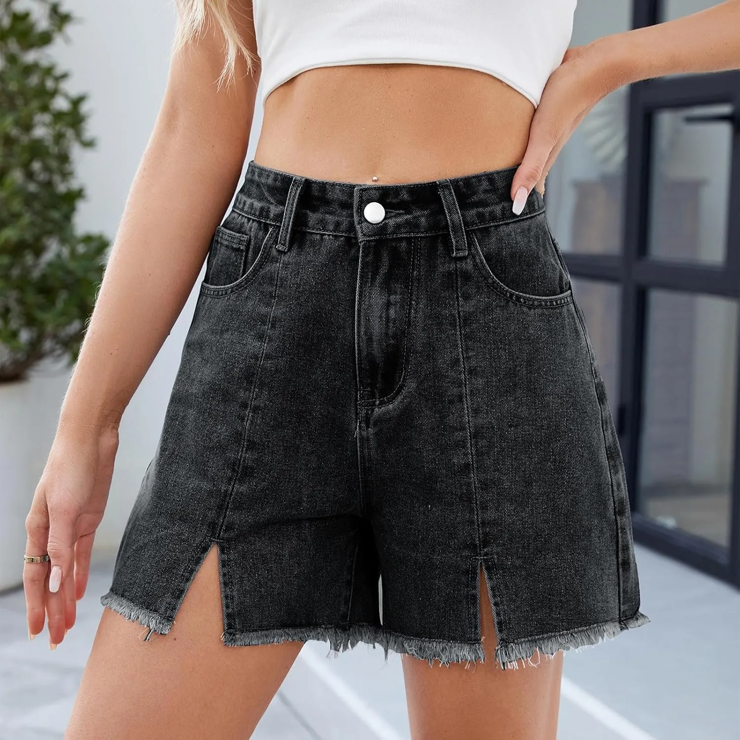 Ladies High Waisted Jean Shorts Women Stretchy Denim Casual Ripped Hem Elastic Waist Summer Jeans