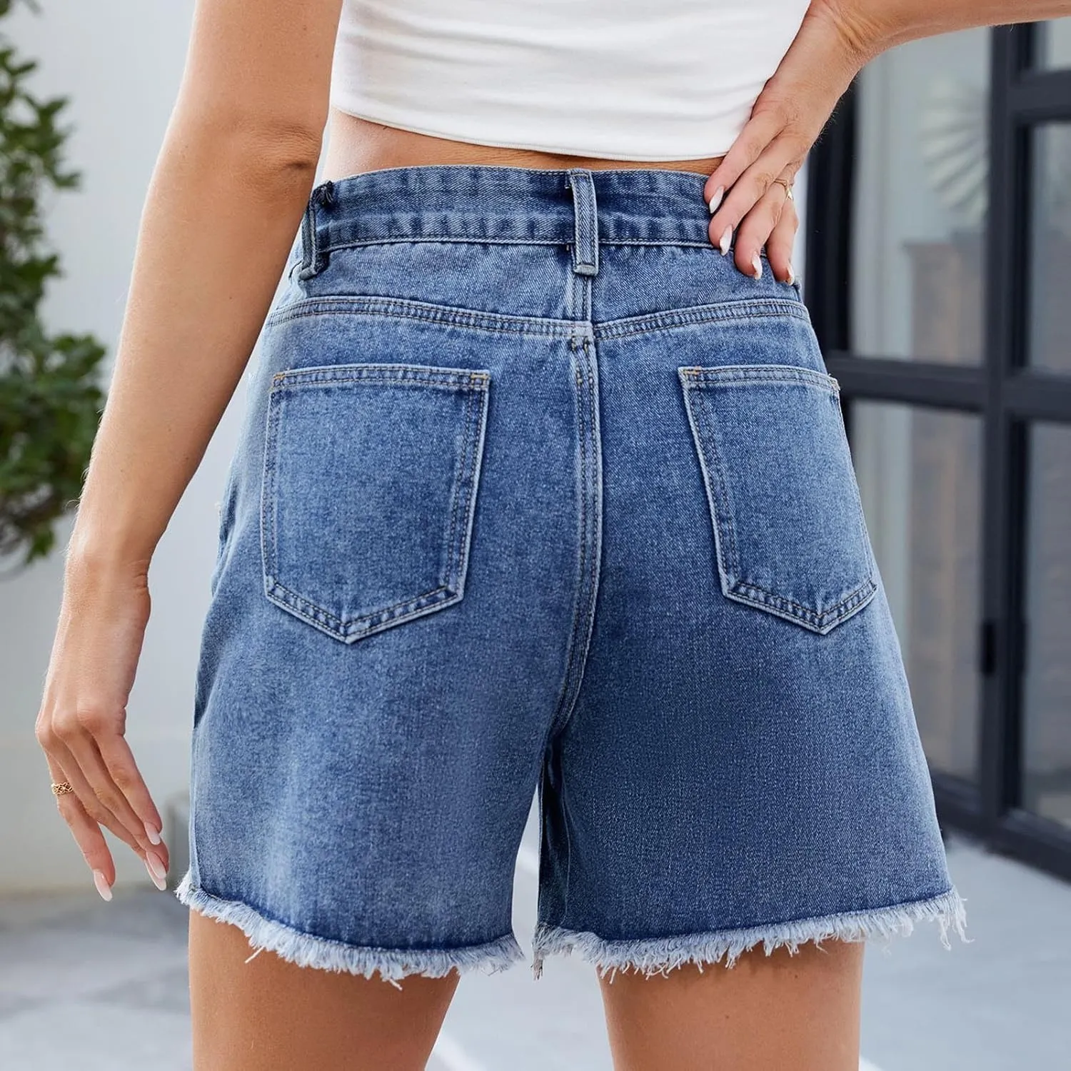 Ladies High Waisted Jean Shorts Women Stretchy Denim Casual Ripped Hem Elastic Waist Summer Jeans