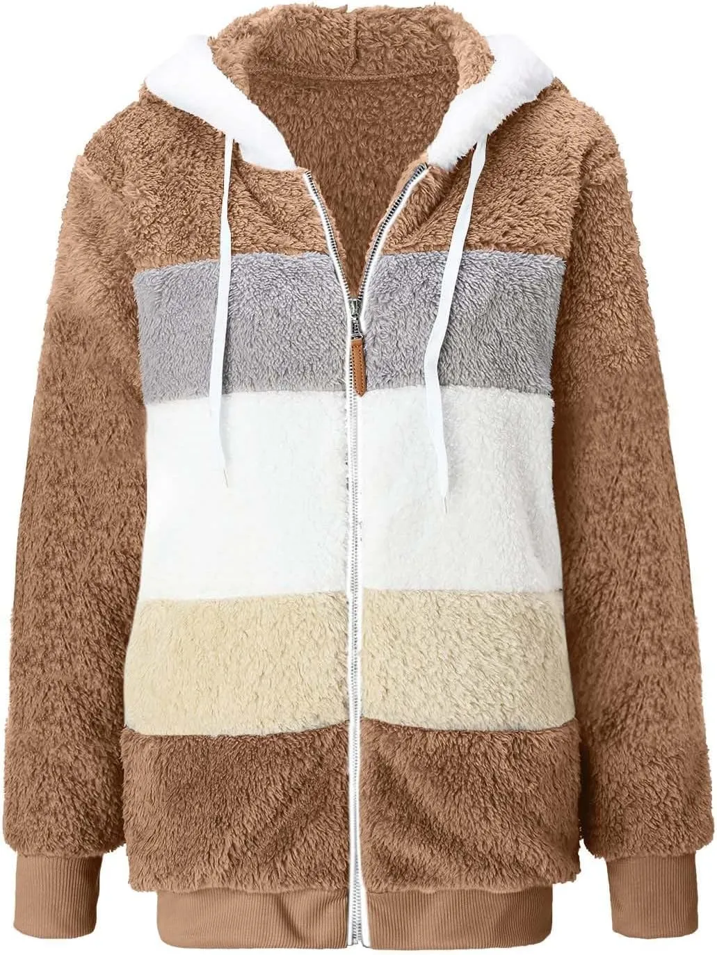 Ladies Large Size Hooded Loose Plush Sweatshirt Comfy Multicolor Paneled Coat Dressy Zip Jacket Casual Dressy Clothes