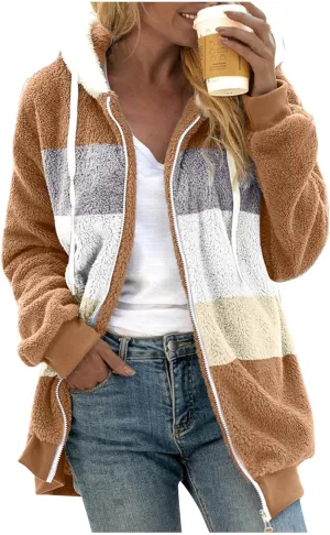 Ladies Large Size Hooded Loose Plush Sweatshirt Comfy Multicolor Paneled Coat Dressy Zip Jacket Casual Dressy Clothes