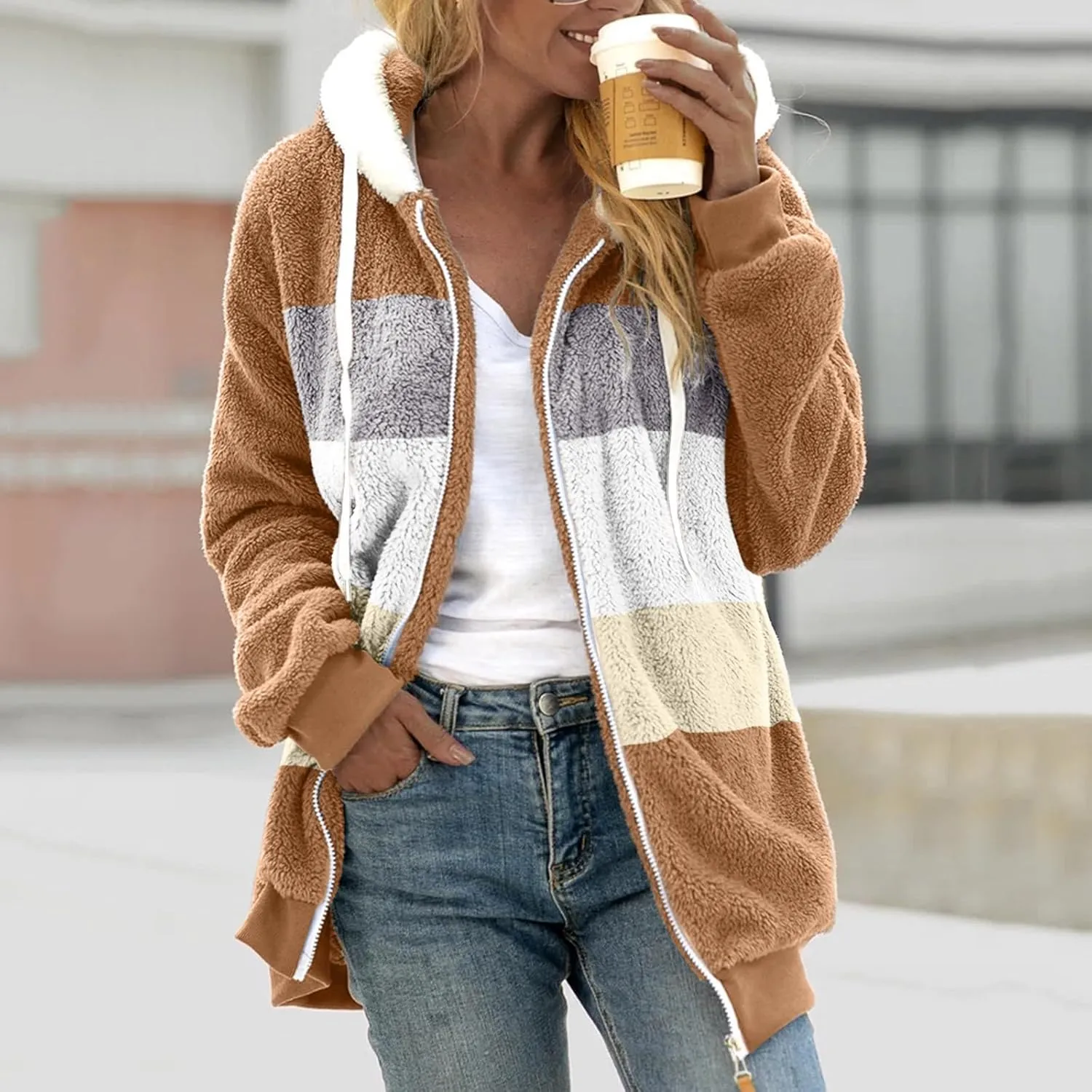 Ladies Large Size Hooded Loose Plush Sweatshirt Comfy Multicolor Paneled Coat Dressy Zip Jacket Casual Dressy Clothes