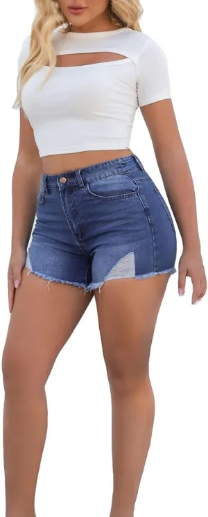 Lady Solid Color Washed Ripped High Waisted Stretch Denim Shorts Dressy Shorts for Women