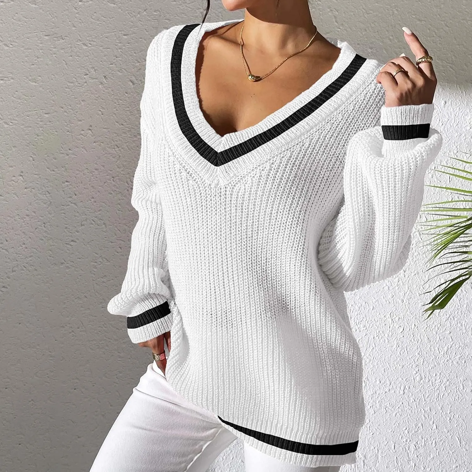 Lastesso Fall Sweaters for Women 2024 V Neck Breathable Oversized Long Sleeve Cable Knit Tops Casual Preppy Trendy Clothes
