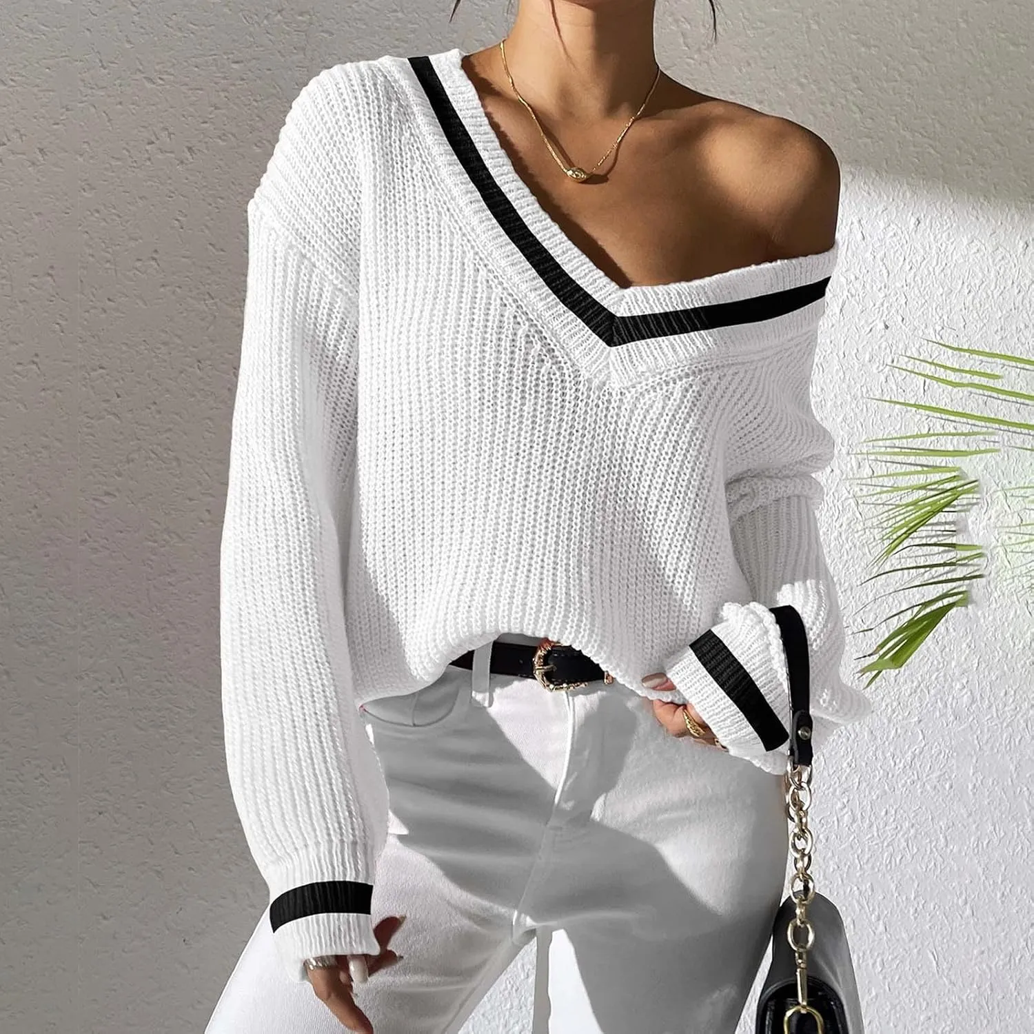 Lastesso Fall Sweaters for Women 2024 V Neck Breathable Oversized Long Sleeve Cable Knit Tops Casual Preppy Trendy Clothes