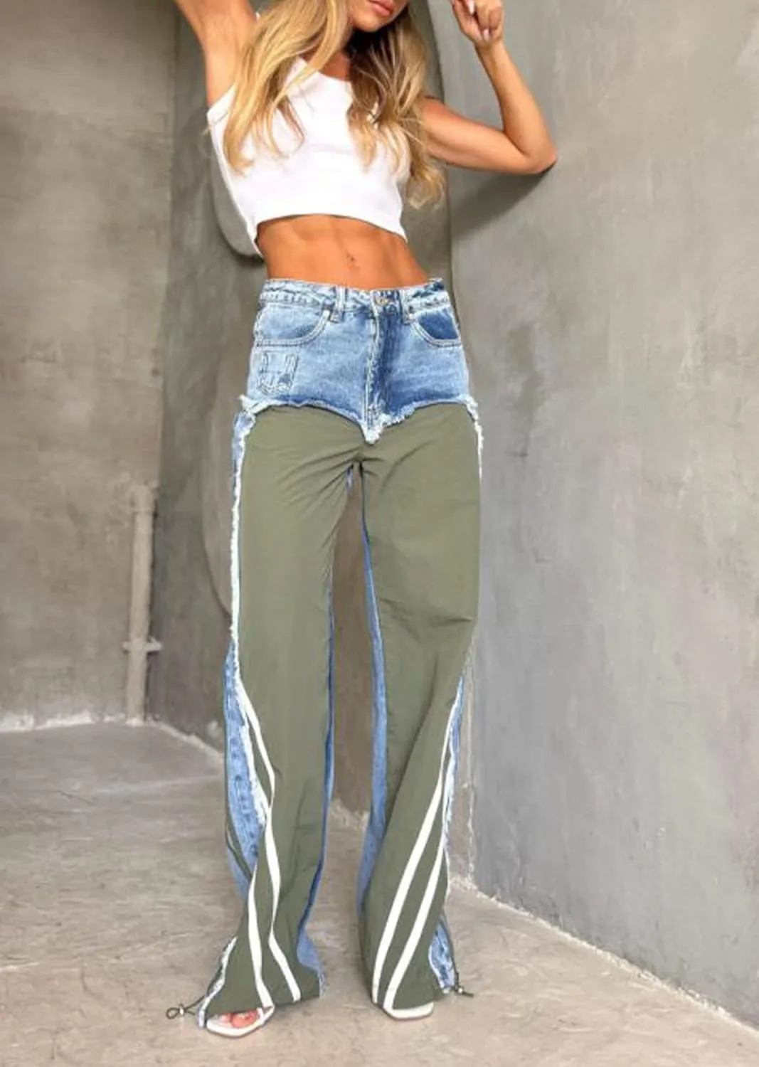 LETSVDO Women's Wide Leg Patchwork Jeans High Waisted Baggy Striped Straight Leg Frayed Loose Denim Pants Sweatpants