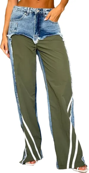LETSVDO Women's Wide Leg Patchwork Jeans High Waisted Baggy Striped Straight Leg Frayed Loose Denim Pants Sweatpants