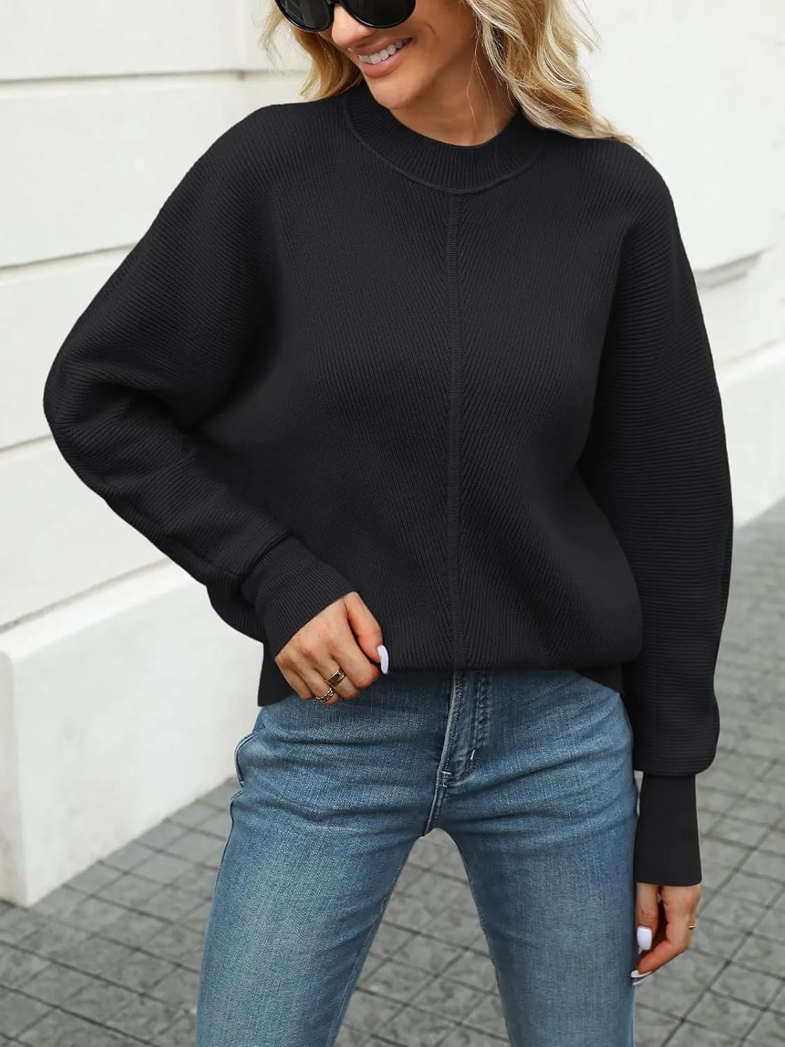 LILLUSORY Women's Oversized Mock Neck Sweaters Trendy Pullover 2025 Casual Outfits Knit Batwing Sleeve Winter Tops