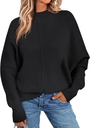 LILLUSORY Women's Oversized Mock Neck Sweaters Trendy Pullover 2025 Casual Outfits Knit Batwing Sleeve Winter Tops
