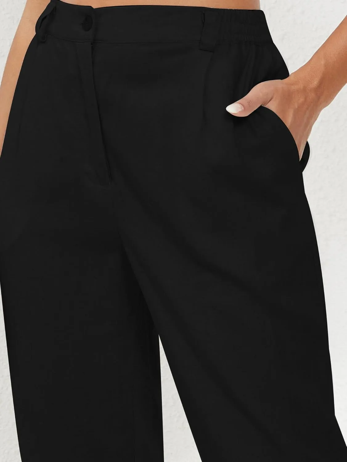 Linen Capri Pants for Women Petite Straight Leg High Waist Button Pant Business Work Trousers with Pockets