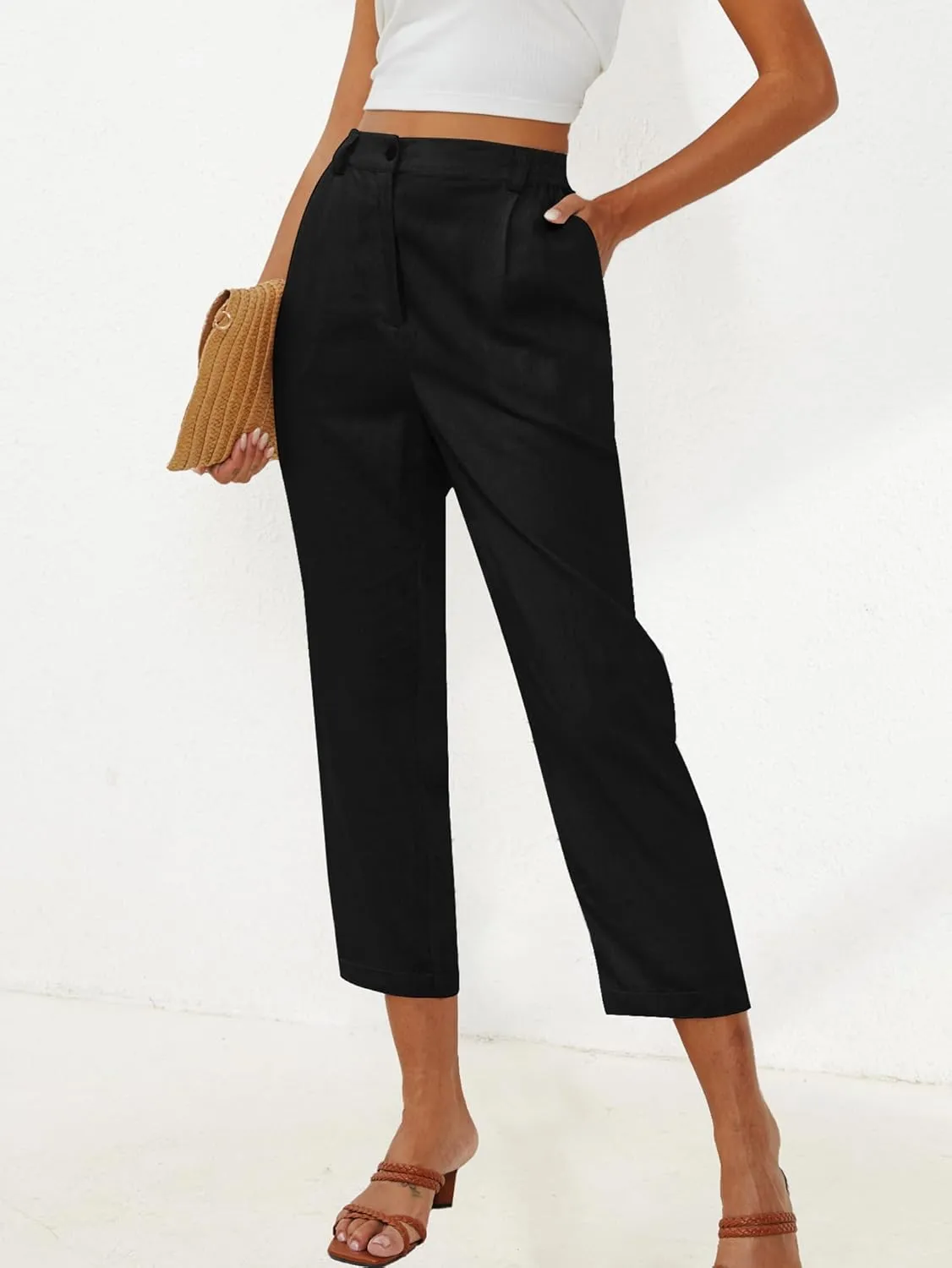 Linen Capri Pants for Women Petite Straight Leg High Waist Button Pant Business Work Trousers with Pockets