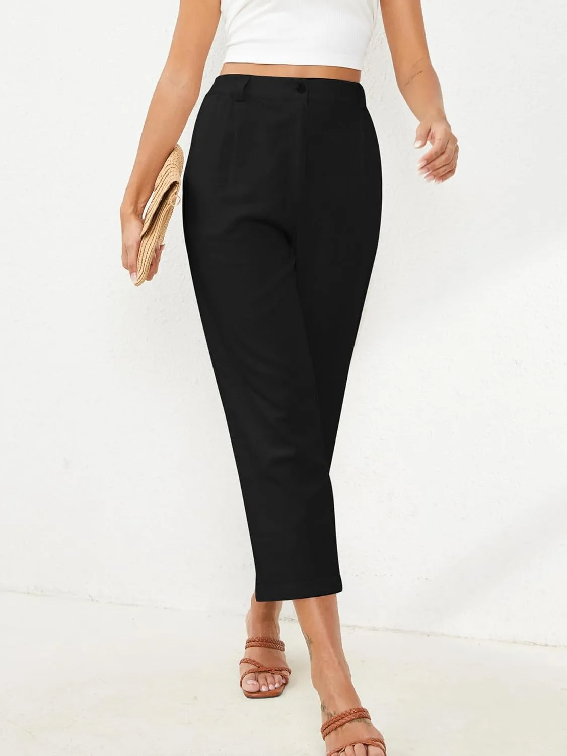Linen Capri Pants for Women Petite Straight Leg High Waist Button Pant Business Work Trousers with Pockets