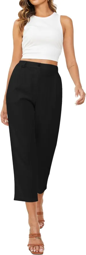 Linen Capri Pants for Women Petite Straight Leg High Waist Button Pant Business Work Trousers with Pockets