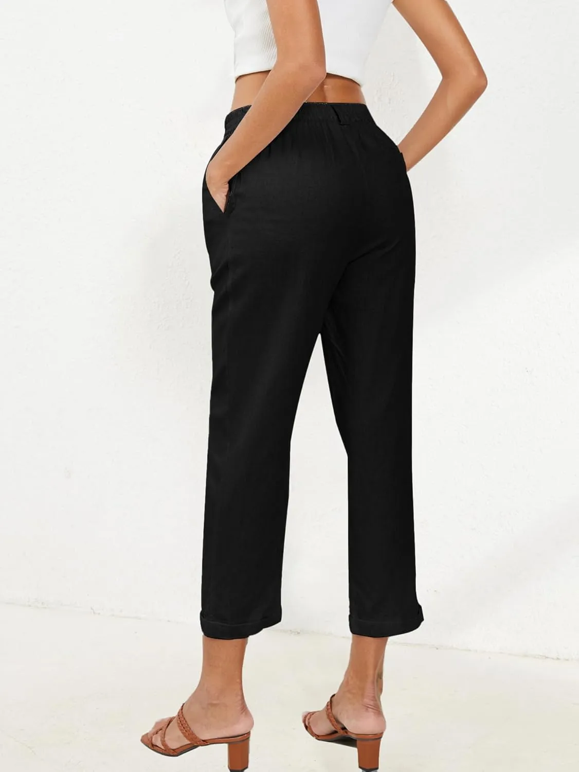 Linen Capri Pants for Women Petite Straight Leg High Waist Button Pant Business Work Trousers with Pockets