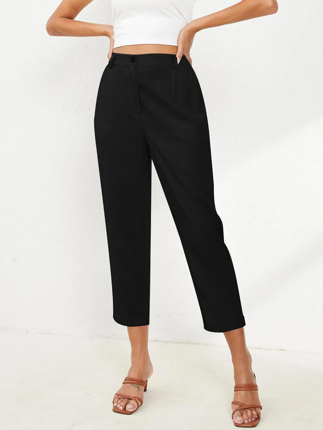 Linen Capri Pants for Women Petite Straight Leg High Waist Button Pant Business Work Trousers with Pockets