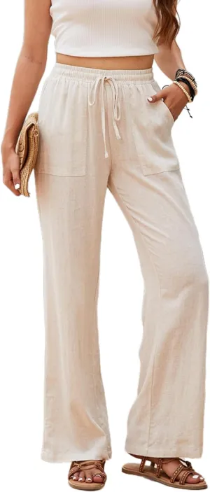 Linen Pants for Women Casual Drawstring Waist Straight Pant Wide Leg Beach Trousers with Pockets