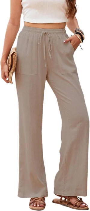 Linen Pants for Women Casual Drawstring Waist Straight Pant Wide Leg Beach Trousers with Pockets