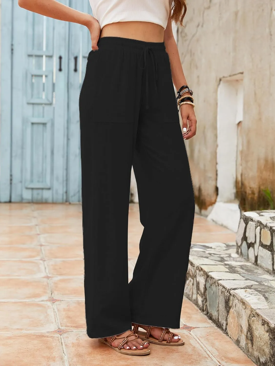 Linen Pants for Women Casual Drawstring Waist Straight Pant Wide Leg Beach Trousers with Pockets