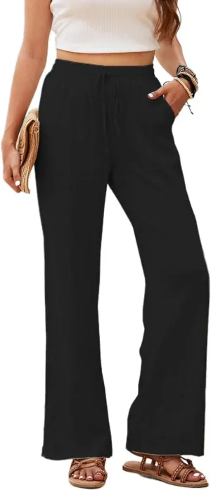 Linen Pants for Women Casual Drawstring Waist Straight Pant Wide Leg Beach Trousers with Pockets