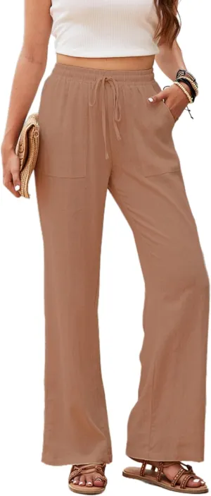 Linen Pants for Women Casual Drawstring Waist Straight Pant Wide Leg Beach Trousers with Pockets