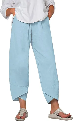 LIUguoo 2024 Summer Pants for Women Casual Pockets Cotton Linen Wide Leg Drawstring Elastic Waist Capris Crop Pants Slacks Light Blue