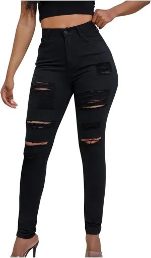 Lmdudan Denim Pants for Women High Waisted Stretch Patchwork Jeans Skinny Casual Distressed Ankle Length Patch Jeans Pant