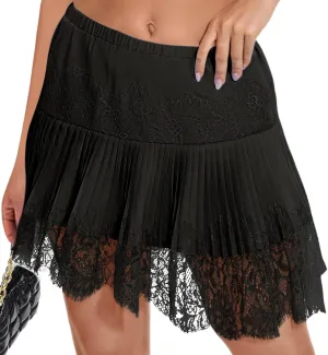 LOMON Women Y2k Mini Slip Skirt with Lace Trim Pleated Ruffle Short Skirts Flowy Club Night Skort Underskirt XS-XL