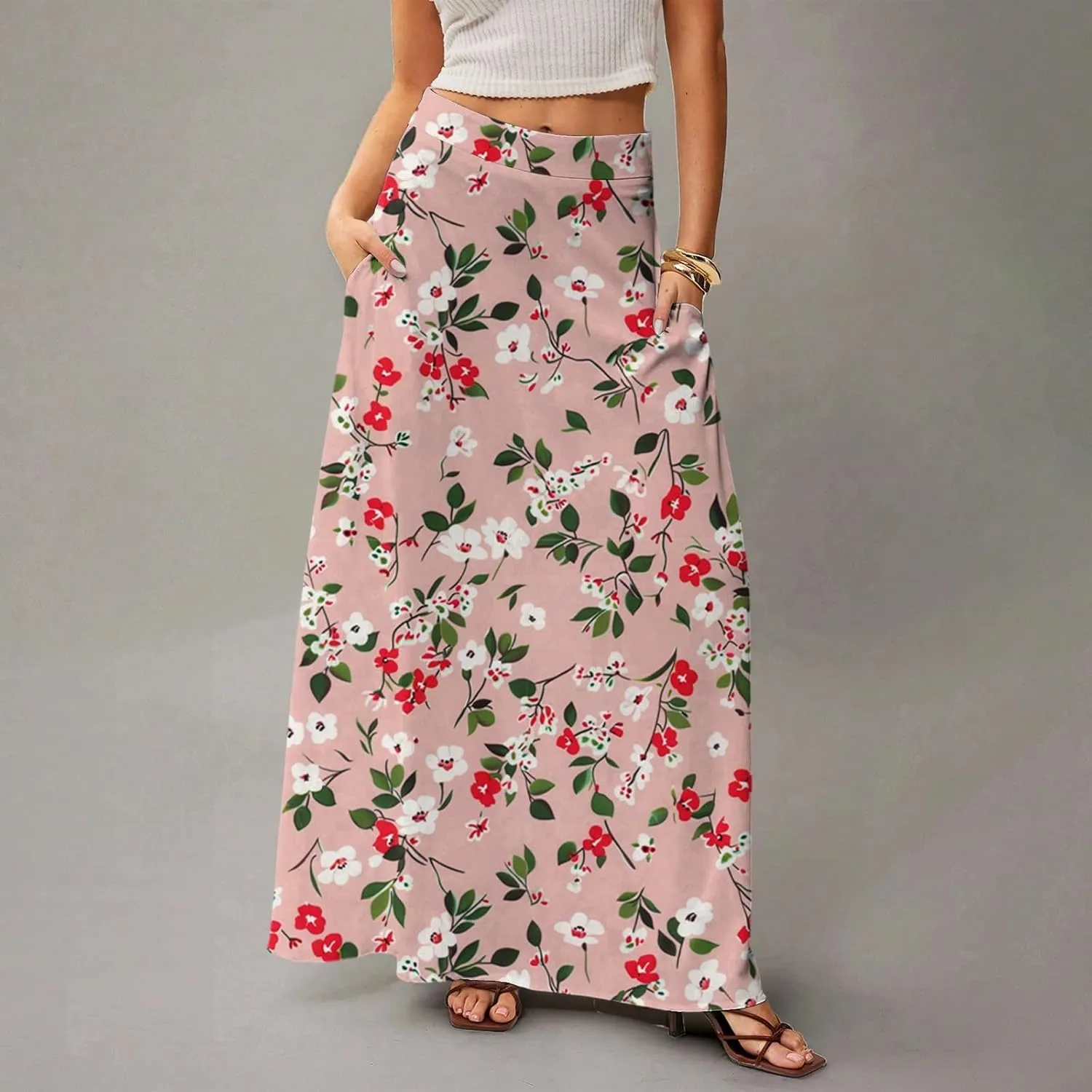Long Skirts for Women Casual High Waist Maxi Skirt Flowy Aline Boho Beach Vacation Skirts with Pockets