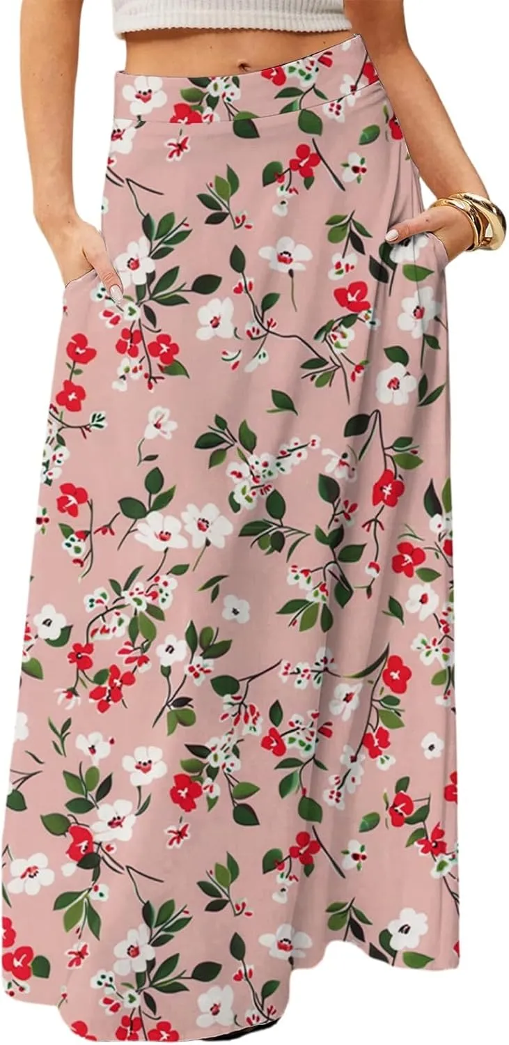Long Skirts for Women Casual High Waist Maxi Skirt Flowy Aline Boho Beach Vacation Skirts with Pockets