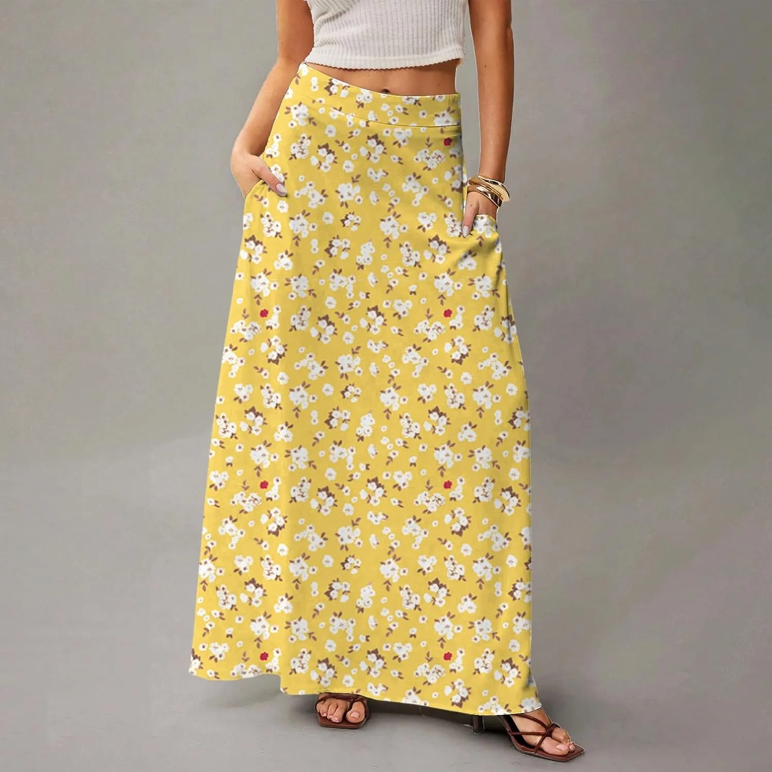 Long Skirts for Women Casual High Waist Maxi Skirt Flowy Aline Boho Beach Vacation Skirts with Pockets