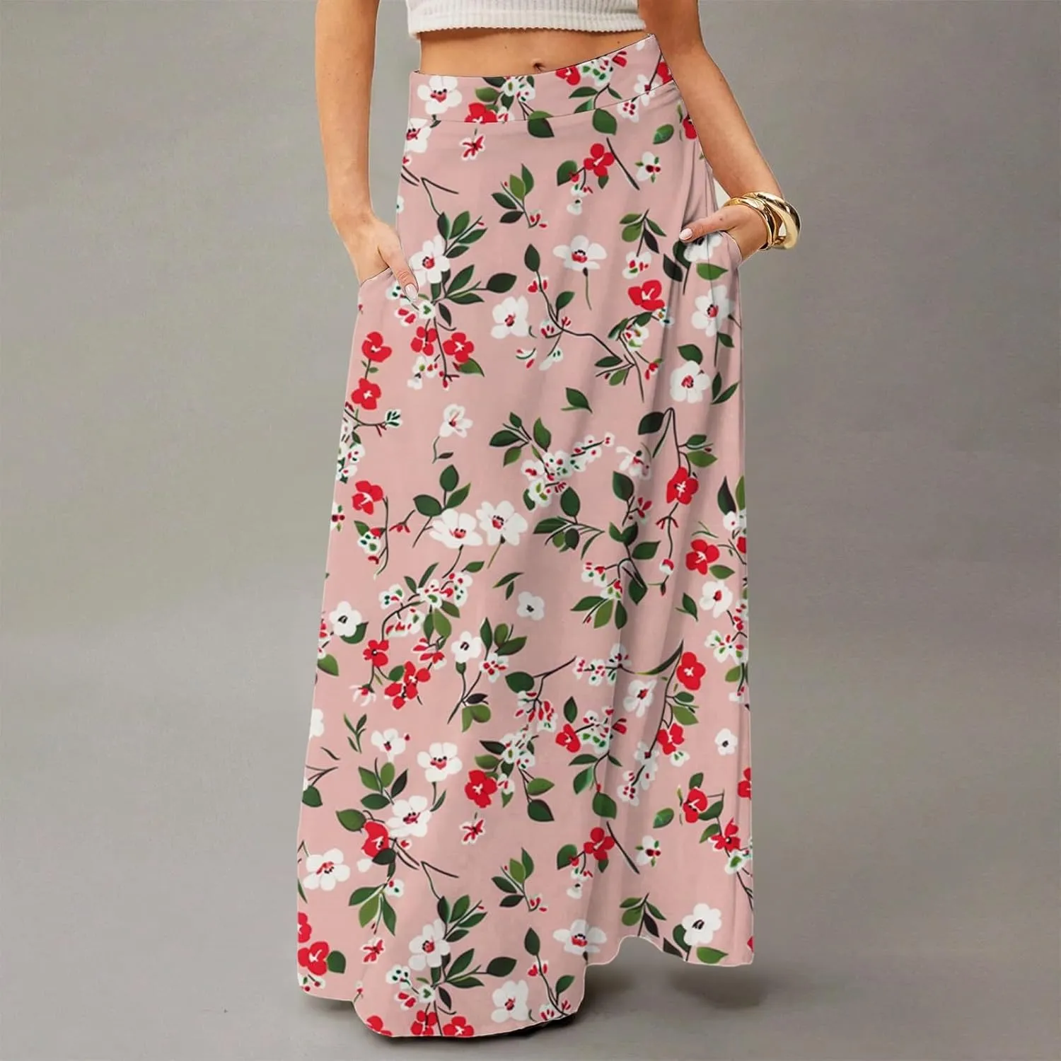 Long Skirts for Women Casual High Waist Maxi Skirt Flowy Aline Boho Beach Vacation Skirts with Pockets