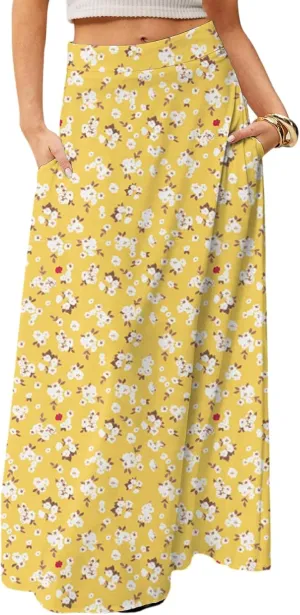 Long Skirts for Women Casual High Waist Maxi Skirt Flowy Aline Boho Beach Vacation Skirts with Pockets