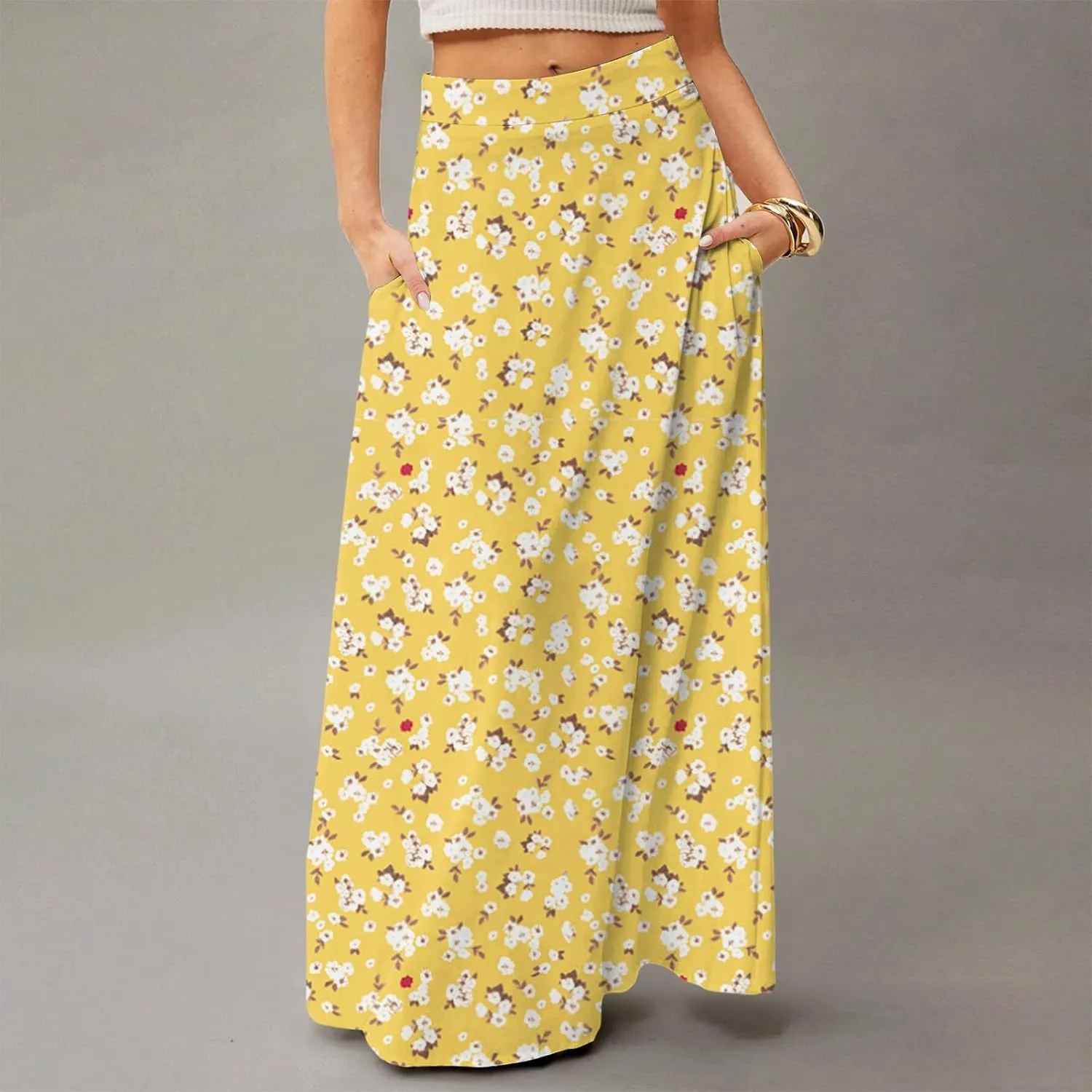 Long Skirts for Women Casual High Waist Maxi Skirt Flowy Aline Boho Beach Vacation Skirts with Pockets