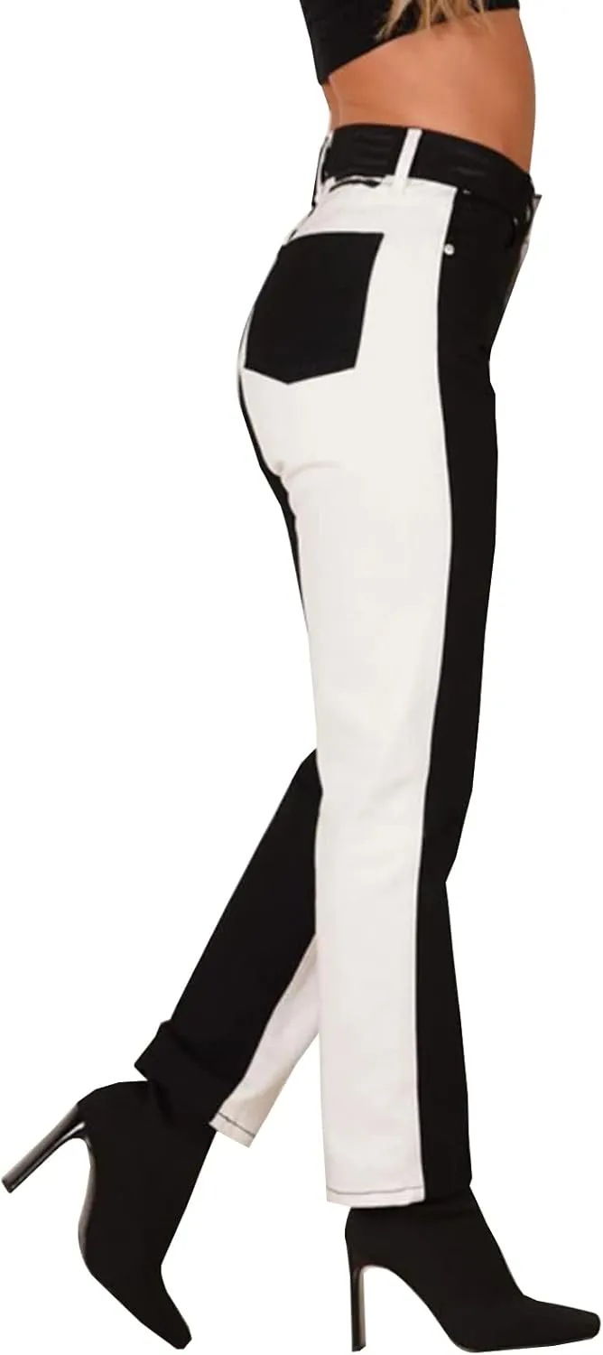 LONGYIDA Colorblock Straight Leg Jeans for Women High Waist Skinny Stretch Jeans Denim Pants with Pockts