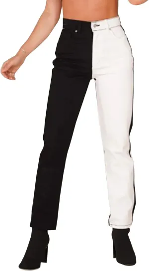 LONGYIDA Colorblock Straight Leg Jeans for Women High Waist Skinny Stretch Jeans Denim Pants with Pockts