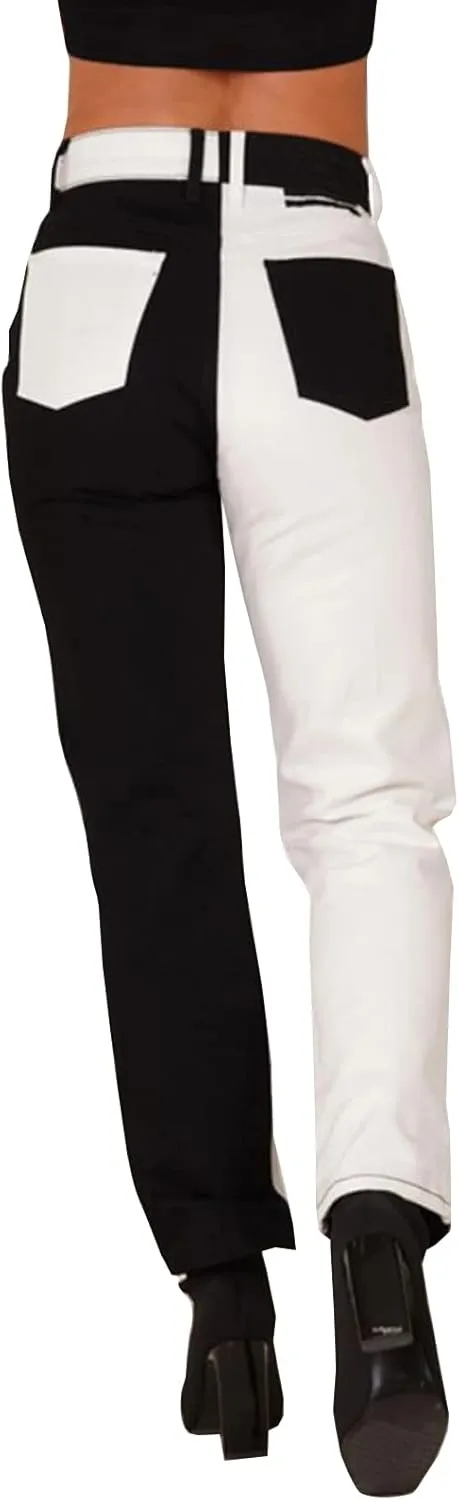 LONGYIDA Colorblock Straight Leg Jeans for Women High Waist Skinny Stretch Jeans Denim Pants with Pockts