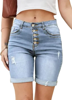 LONGYIDA Jean Bermuda Shorts for Women Knee Length High Waisted Button Fly Ripped Denim Shorts