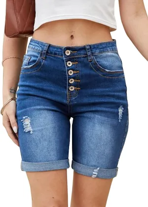 LONGYIDA Jean Bermuda Shorts for Women Knee Length High Waisted Button Fly Ripped Denim Shorts